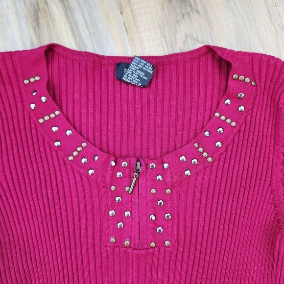 🔺️RQT Maroon Ribbed Zipper & Stud Scoop Neck Ribbed Sweater Small - Picture 4 of 10